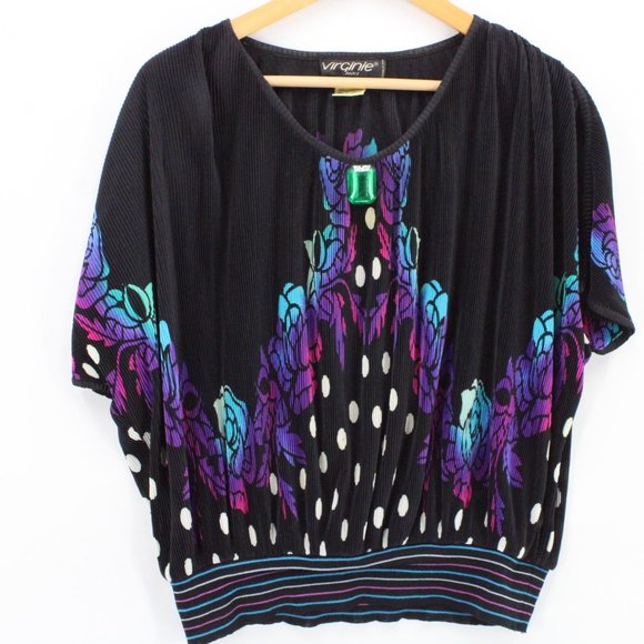 Vintage Virginie Paris Blouse Top Womens Black Art Graphic Nylon Size XL 80s - Picture 1 of 10